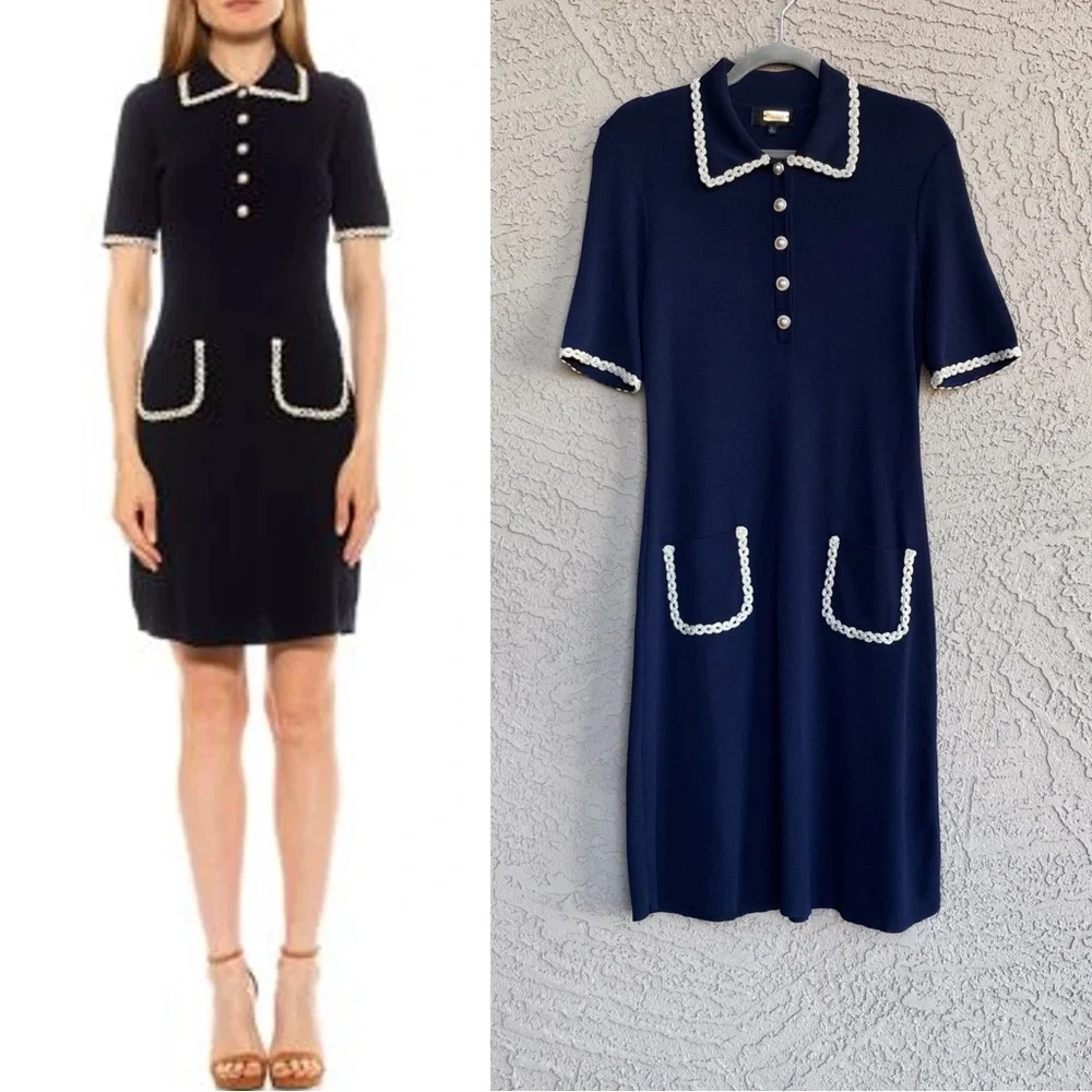 ALEXIA ADMOR Navy Knit Piper Dress w/ Pearl Buttons Embroidered Collar & Pockets - Picture 6 of 13